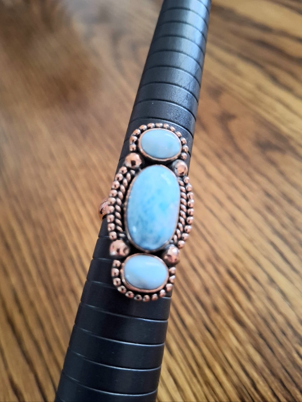 Larimar Large Triple Natural Stones Copper Adjustable Band Ring Sizes 7-8-9